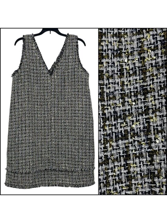 LOFT Dresses & Skirts - LOFT Womens Dress Size 12 Tweed Sleeveless V-Neck Fringe Navy White Gold NWT
